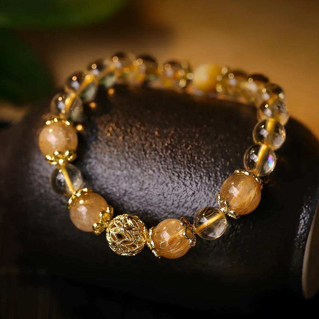 Retro citrine lucky bracelet for women with artificial crystal stones in yellow gold or amethyst colour.