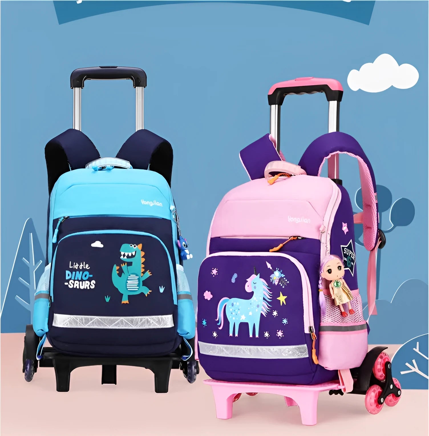 Korean detachable trolley school bag in black or rose red with 42cm dimensions