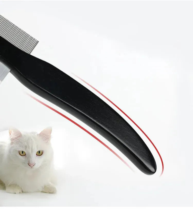 Black double-sided pet grooming comb with wooden handle and stainless steel teeth for cat and dog grooming