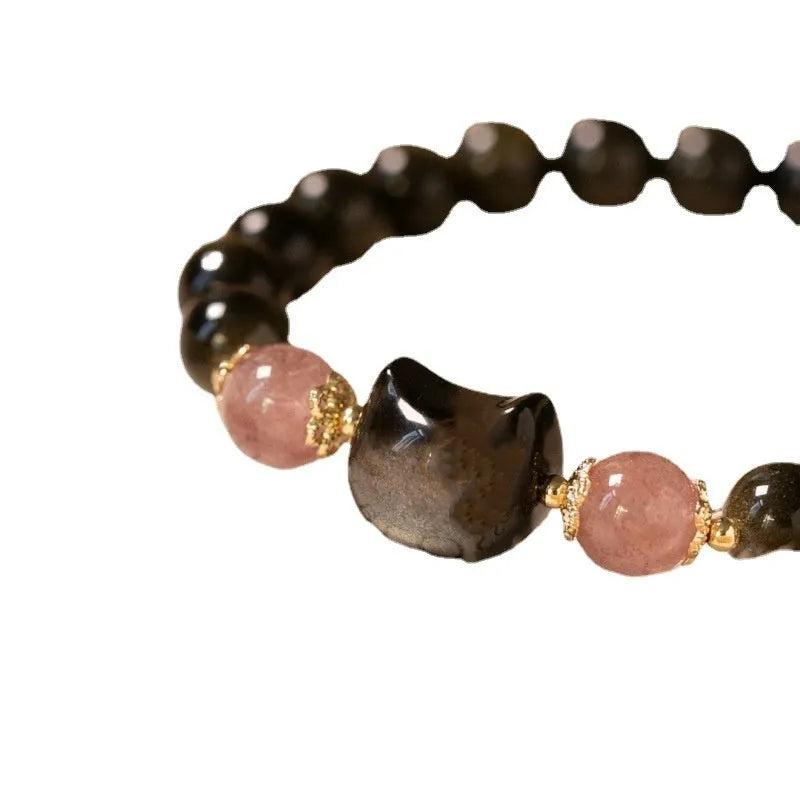Black obsidian gemstone bracelet with 8mm beads and silver kitty charm accessories
