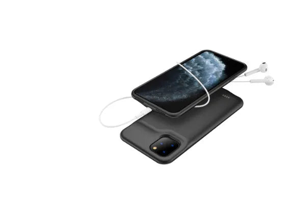 Black silicone iPhone battery charger case showing charging port and power button, compatible with multiple iPhone models.