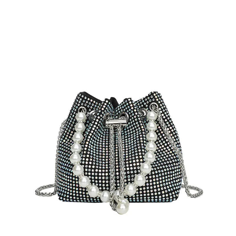 Light diamond shoulder crossbody bag with chain strap and bucket shape in soft PU.