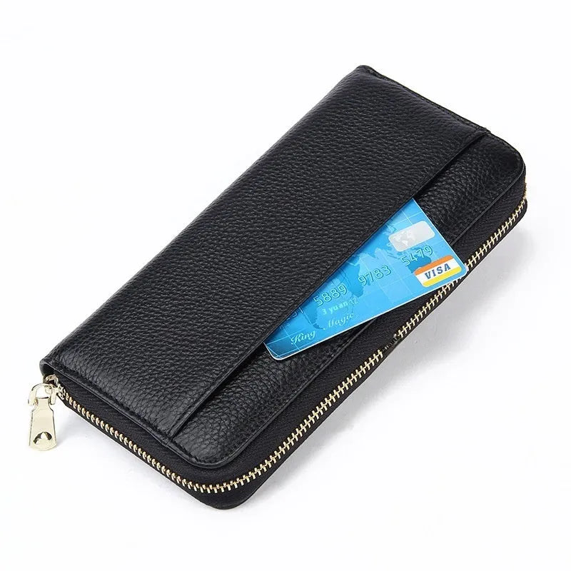 Long genuine leather women's wallet with 12 card slots, RFID blocking, in sapphire blue colour