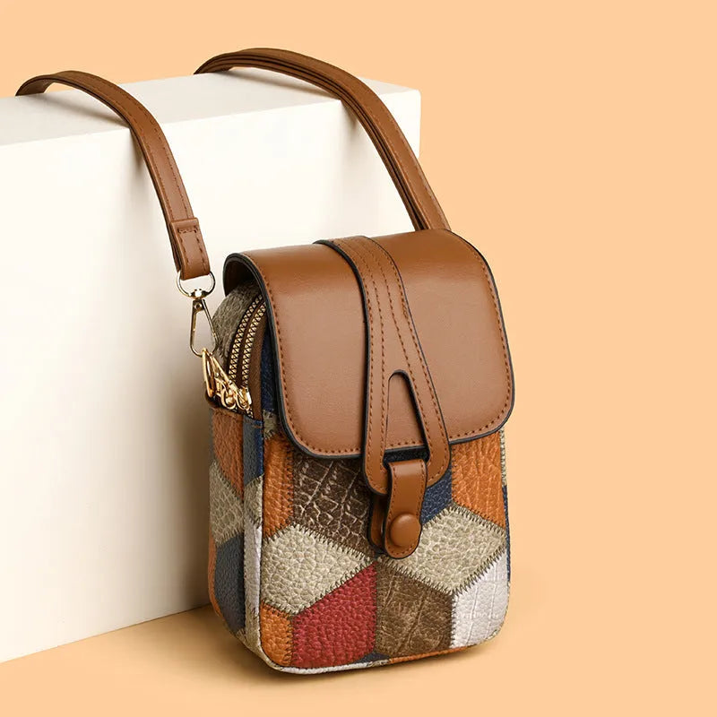 Vertical PU crossbody pouch in irregular blue brown with sandwich pocket and single shoulder strap