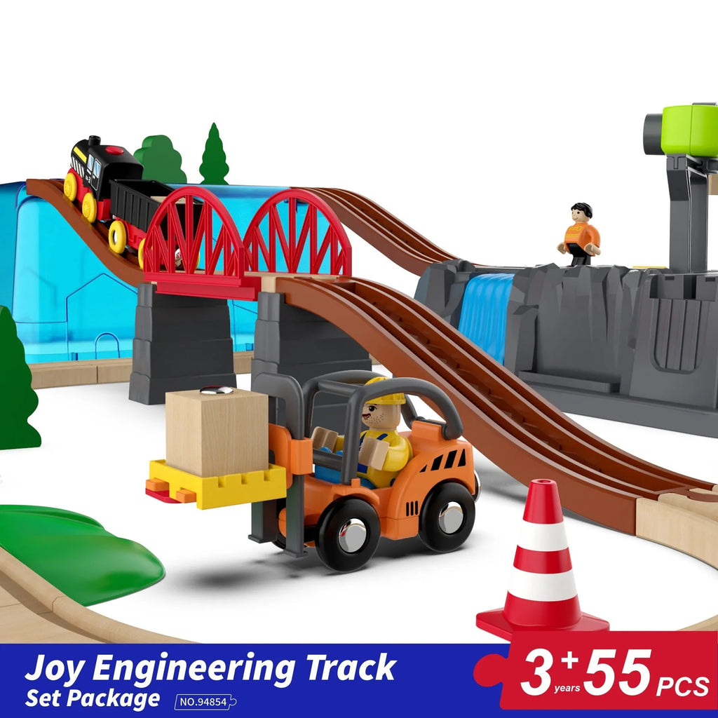 Wooden track train set with electric car head, beech and ABS pieces, free splicing track, and storage box for ages 4-6