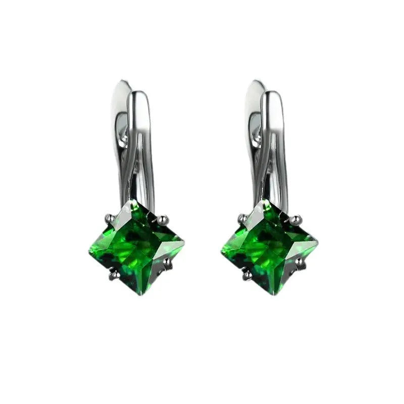 Copper earrings with inlaid zircon diamond design in blue, green, and colour variants for women