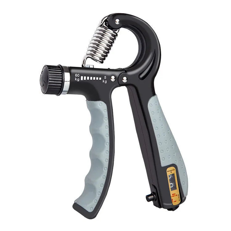 Black adjustable hand gripper with digital counter showing resistance dial and TPR handles