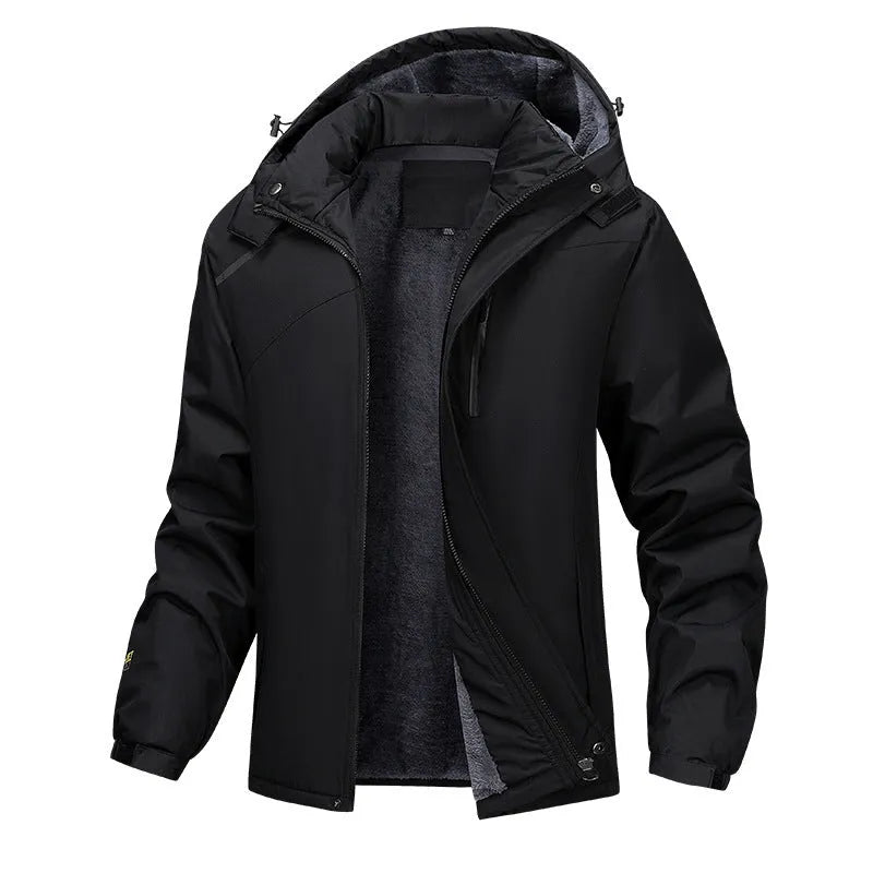 Men's plus size hooded waterproof coat in army green showing loose fit and hood design