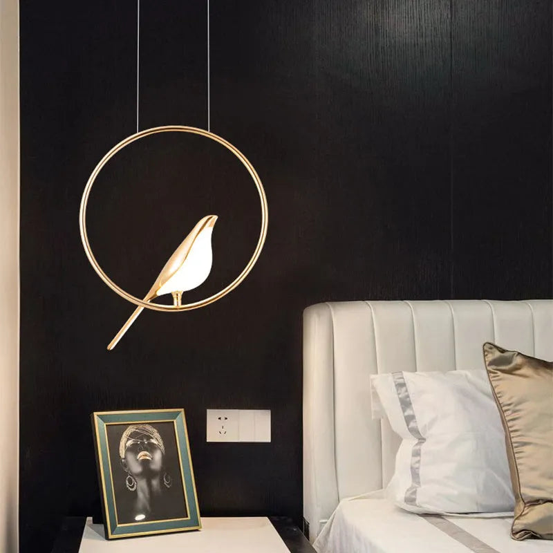 Modern minimalist magpie bird chandelier with LED lighting, measuring 35cm long by 150cm high