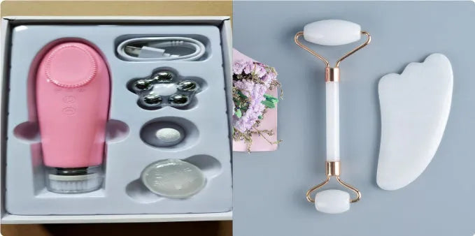 White jade facial roller with double-headed claw design and matching scraping board for manual massage