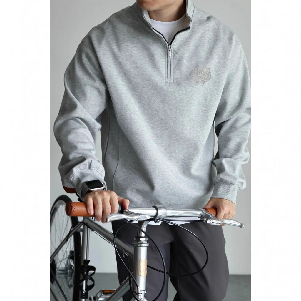Men's retro embroidered half-placket stand-up collar cotton sweatshirt, loose fit long sleeve top in black