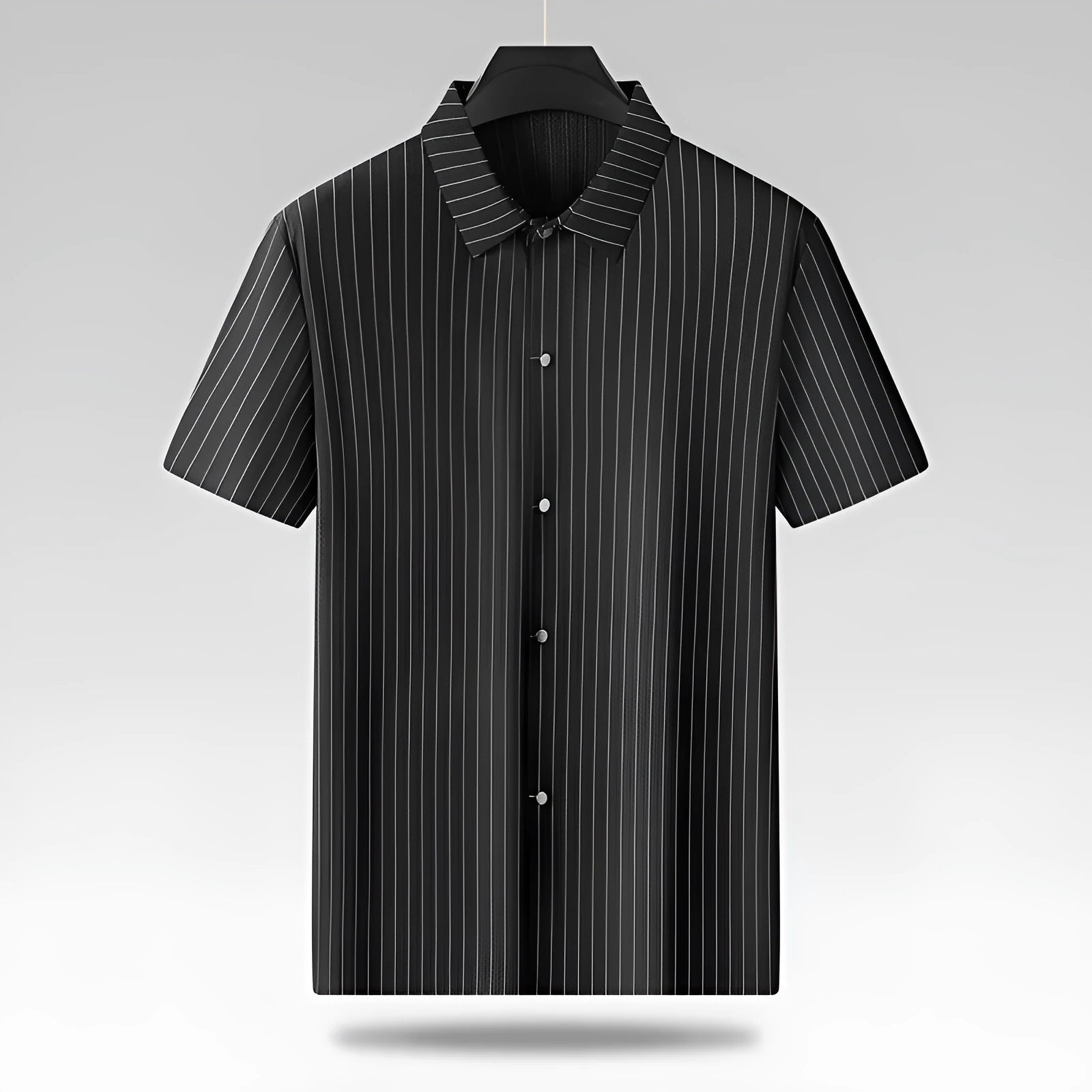Men's plus-sized black striped ice silk shirt with square collar loose fit casual style