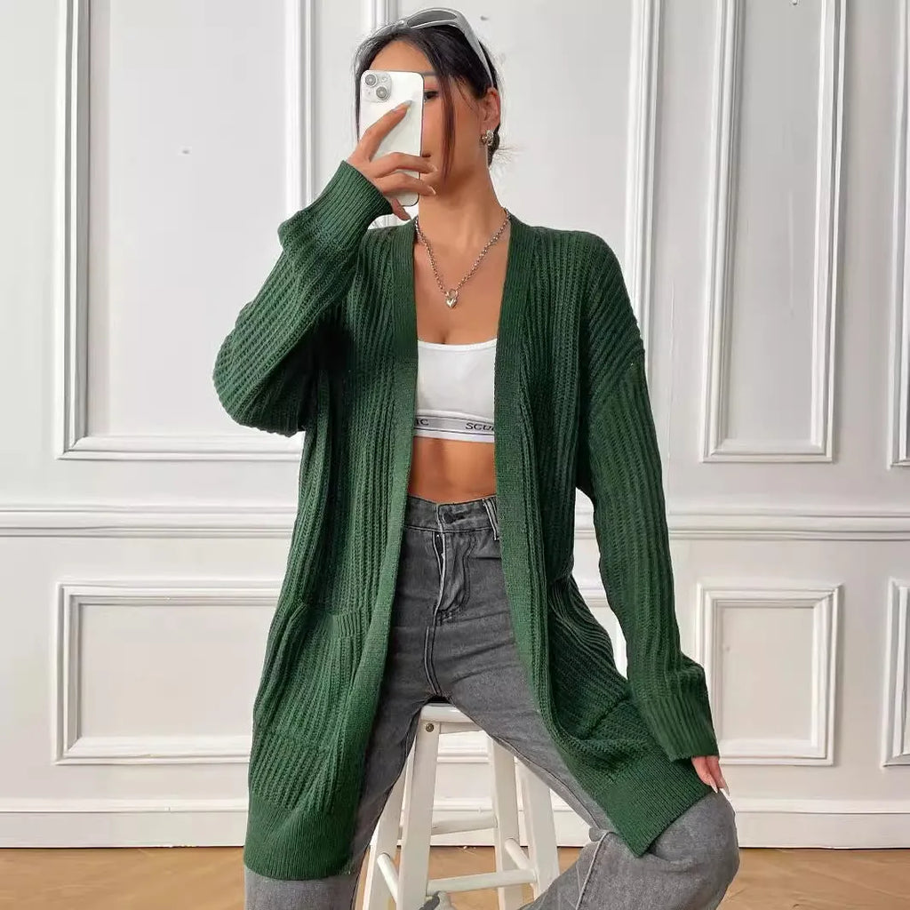 Women's double pocket acrylic cardigan with 65cm length and street hipster style in solid colour