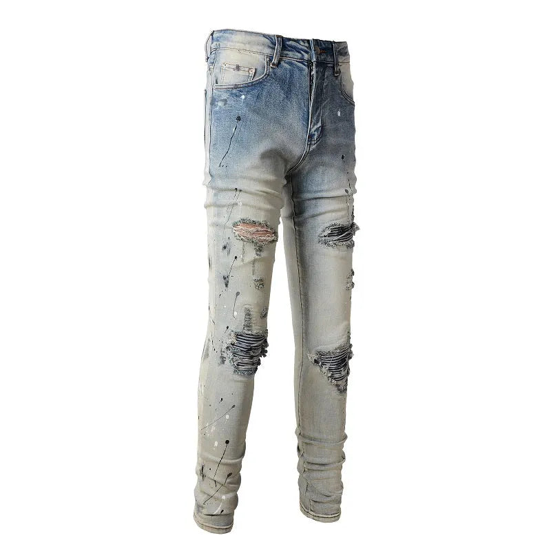 Men's light coloured paint splash ink wash jeans in cotton blend denim with medium to low waist, small straight leg, sizes 28 to 40