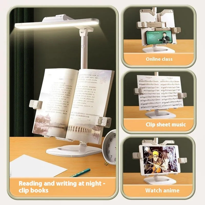 Multifunctional table lamp with adjustable colour temperature and integrated bookshelf on a desk.