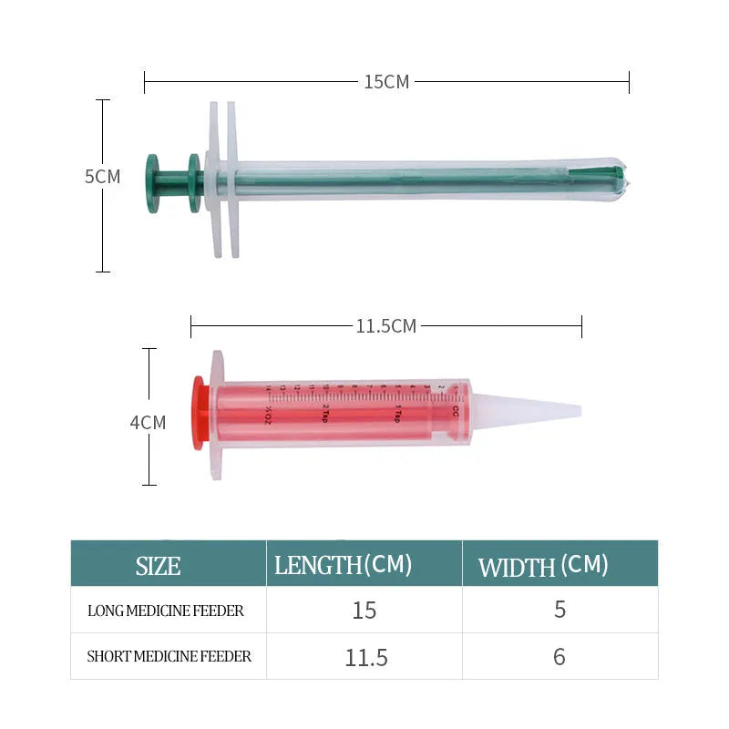 Two silicone pet pill shooters showing 15cm length and soft-tip design for medication administration