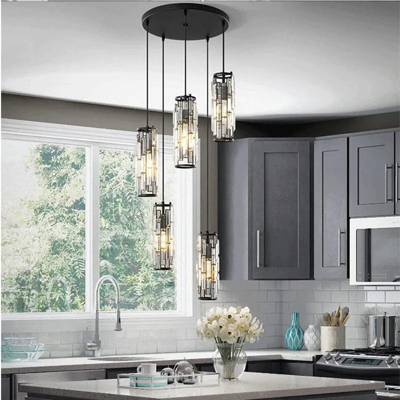 LED single head industrial style crystal droplight chandelier in black, gold, or chrome finish