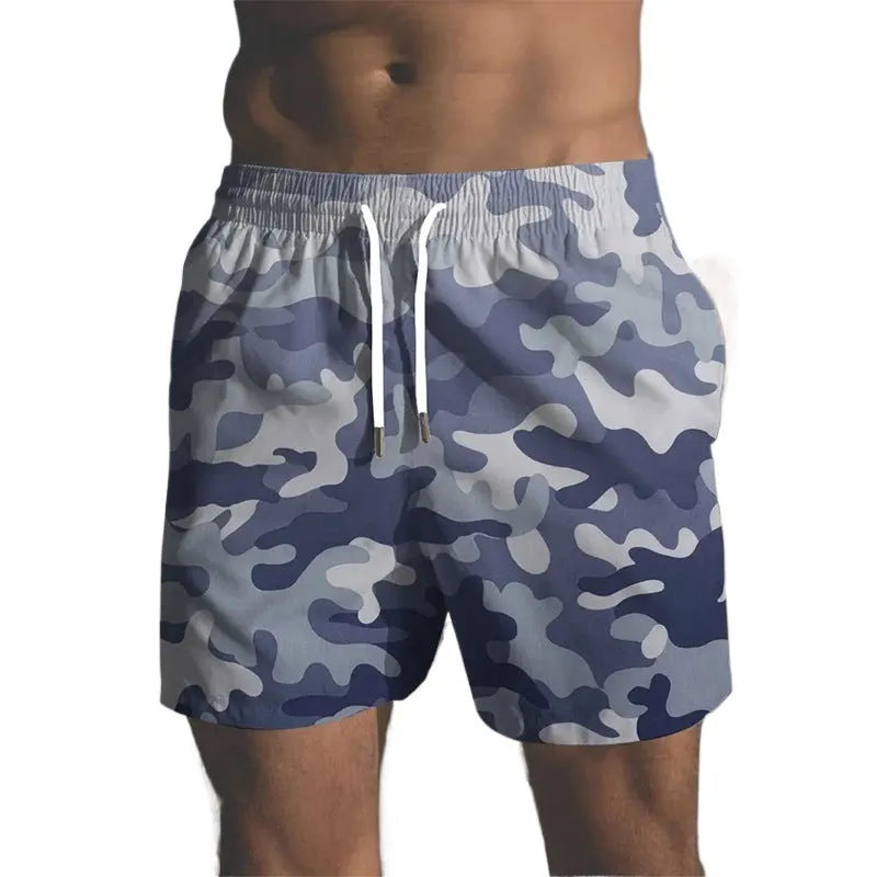Men's elastic polyester beach shorts in printed streetwear design for travel and swim