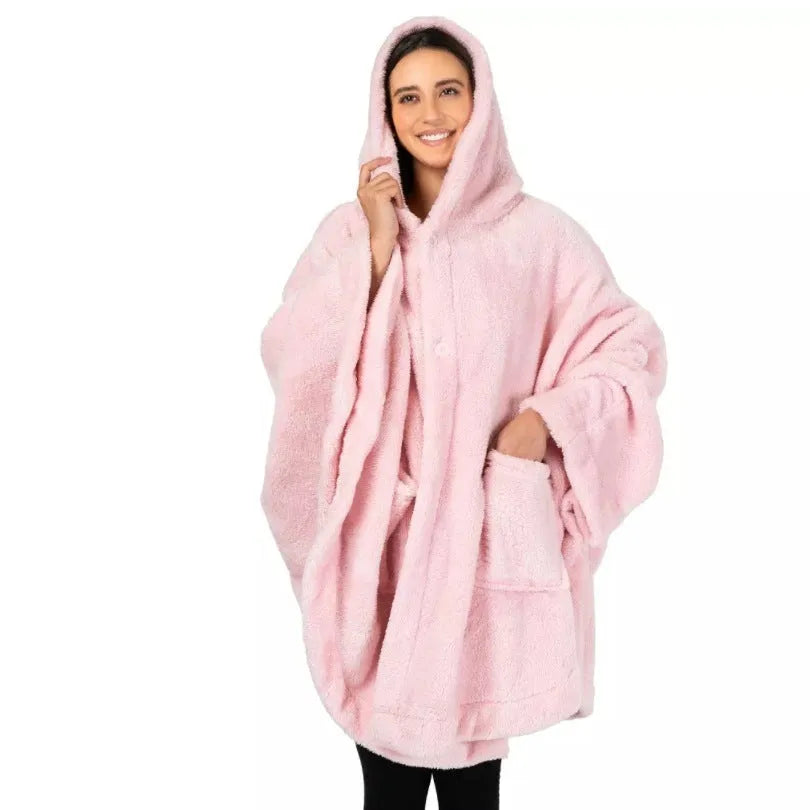 Hooded cloak bathrobe in black with long sleeves and tie belt, made from thick 501-600g/sq m polyester fabric