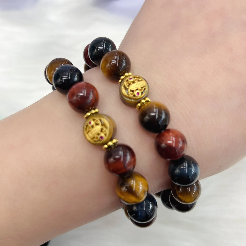 Natural tiger eye loose round beads long chain bracelet with Maillard styling measuring 18cm