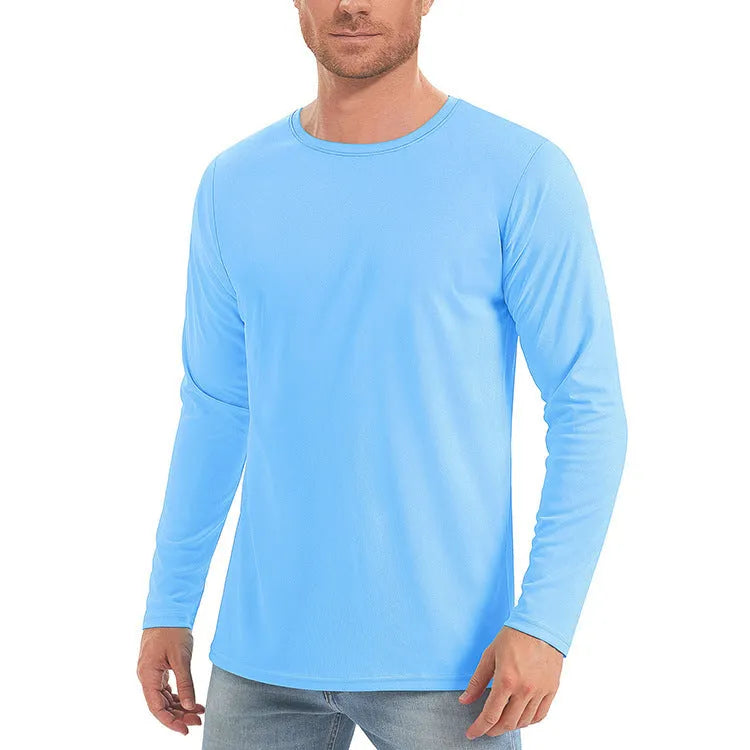Men's solid colour long sleeve UV protection shirt in quick-dry polyester fabric on a hanger.