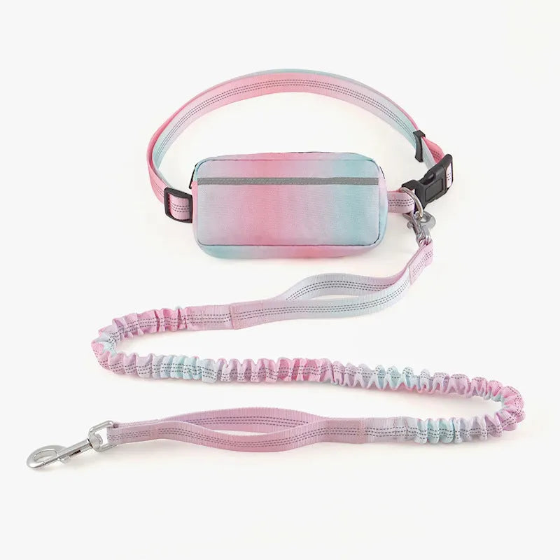 Adjustable hands-free dog leash with waist belt, chest strap, and reflective traction rope in four colour options