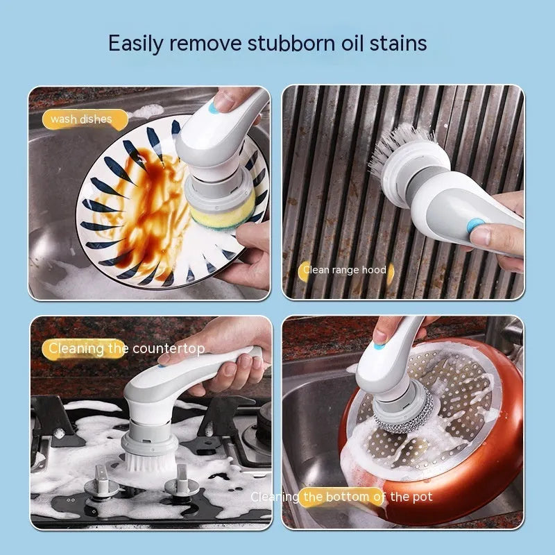 Cordless electric spin scrubber cleaning tool with four brush heads on storage bracket