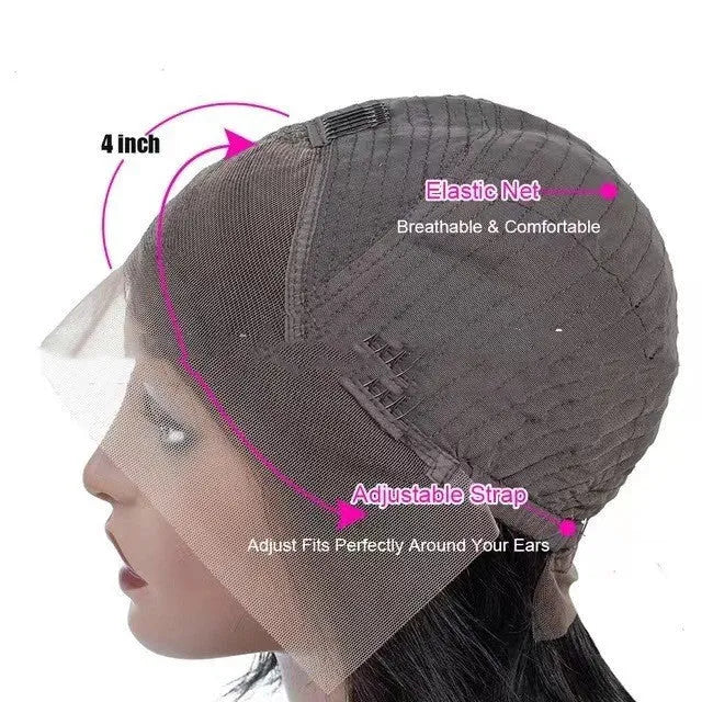Real human hair lace headgear with 4x4 inch front, showing natural hairline and length options from 12 to 30 inches