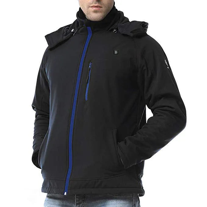 Black men's USB-heated waterproof windproof thermal coat with long sleeves and straight hem, showing zipper and pocket details.