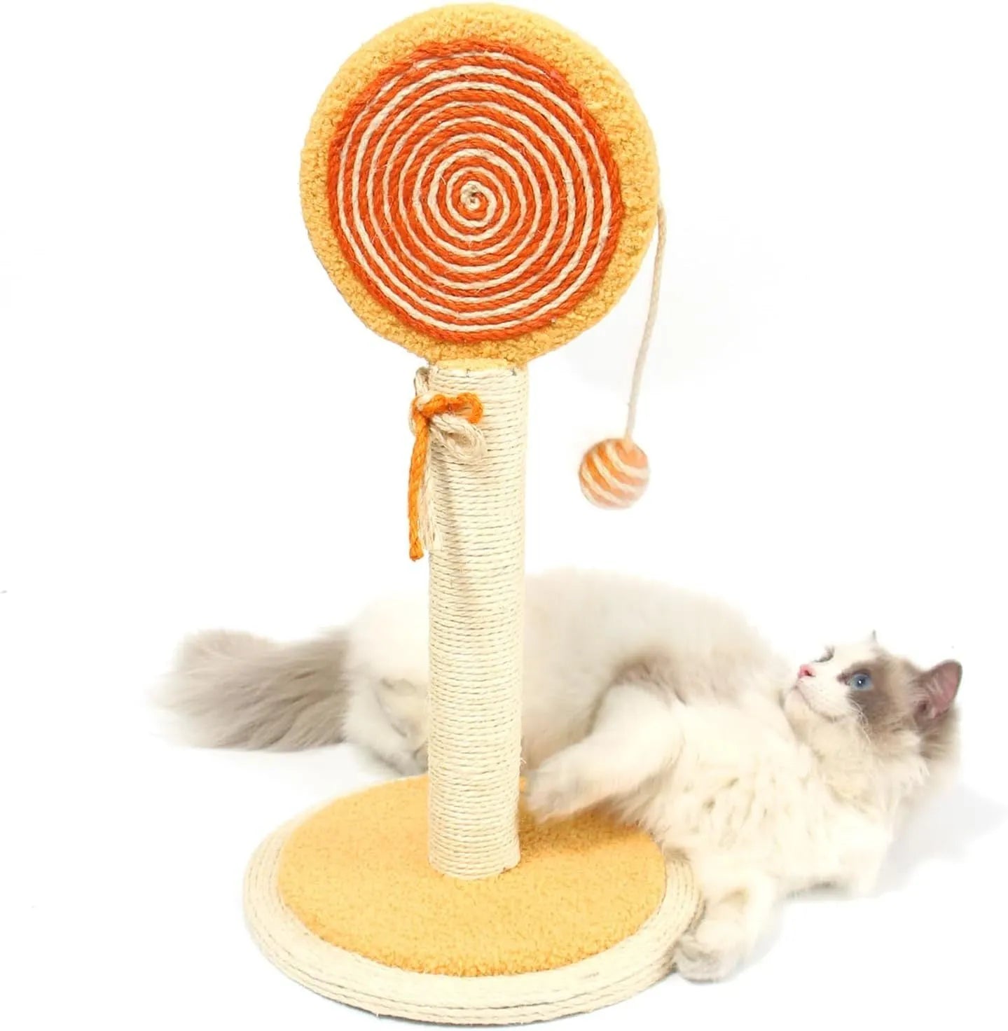 Blue cat scratching post with hanging ball, 32cm tall, on stable base, made of natural sisal rope
