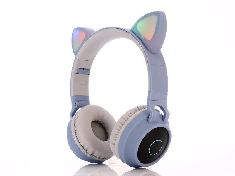 Cartoon cat ear wireless gaming headset in green colour with head-mounted design and Bluetooth connectivity