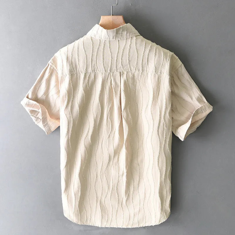 Men's apricot pure cotton short sleeve shirt with loose Japanese style and washing water finish