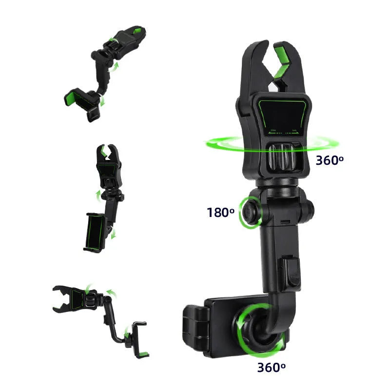 Black and green car phone holder attached to rear view mirror bracket