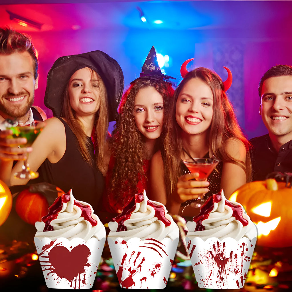 12 red blood-handed Halloween paper cake borders for cupcake and cake decoration