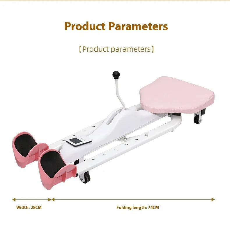 A pink leg stretching device with a steel frame and foam padding, shown on a gym floor.