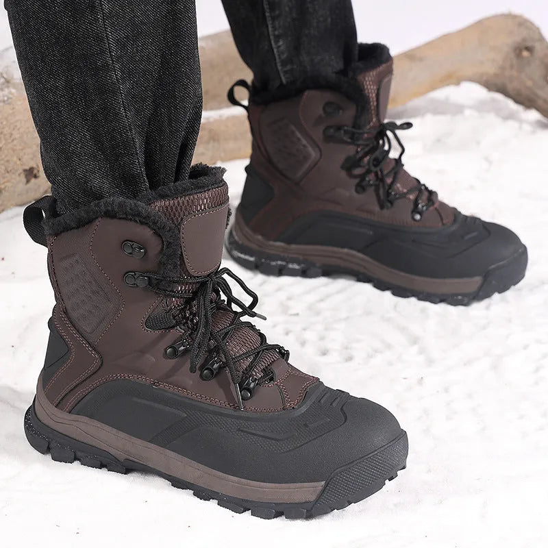 Black high-top men's boots with fleece lining, TPR ribbed sole, and lace-up front in size 42