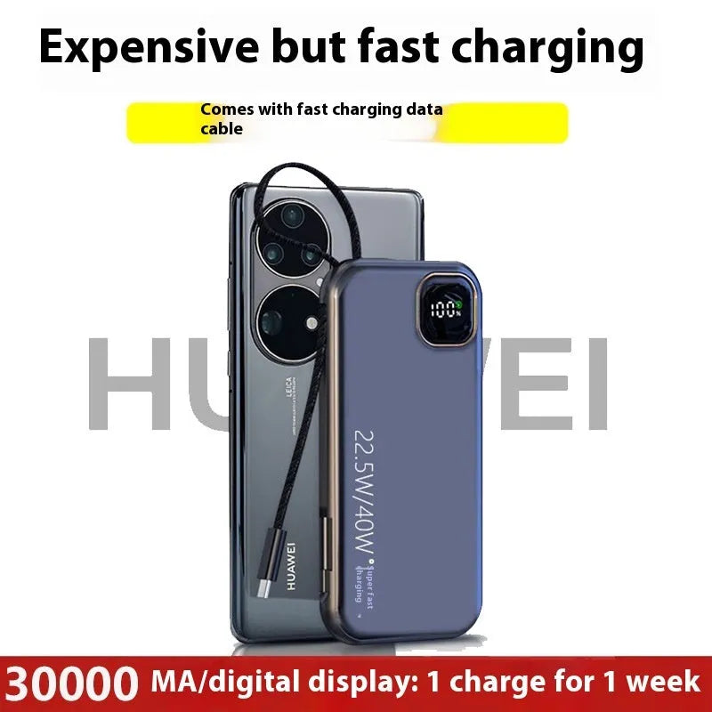 Black portable power bank with integrated charging cable, showing compact size and industrial design.