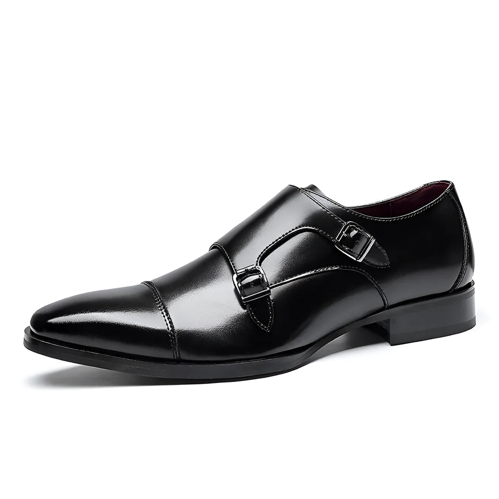 Men's black and light brown leather casual shoes with a square toe and low-top design