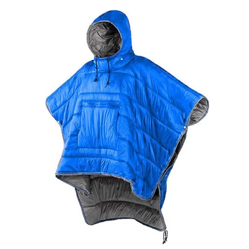 Outdoor cloak sleeping bag convertible between wearable cape and 200x140cm flat blanket configurations