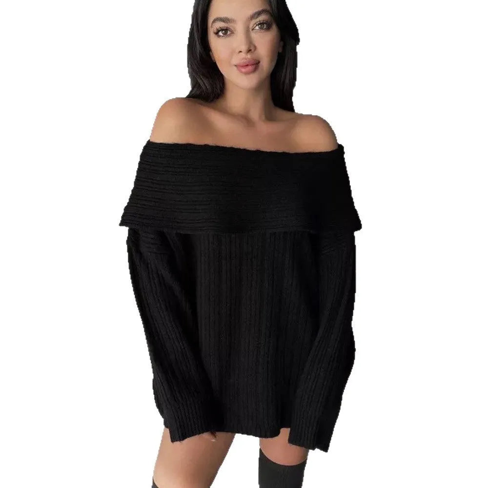 Women's loose fit long sleeve pullover sweater in acrylic fibre, shown in black colour.