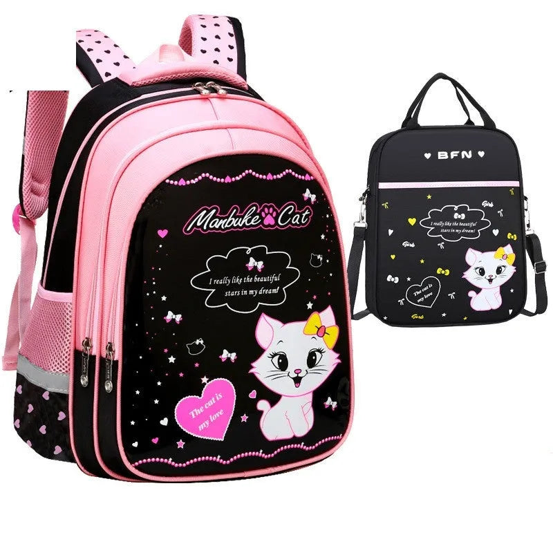 Kids school backpack with cute cat print, nylon, zipper, computer pocket, large and small sizes