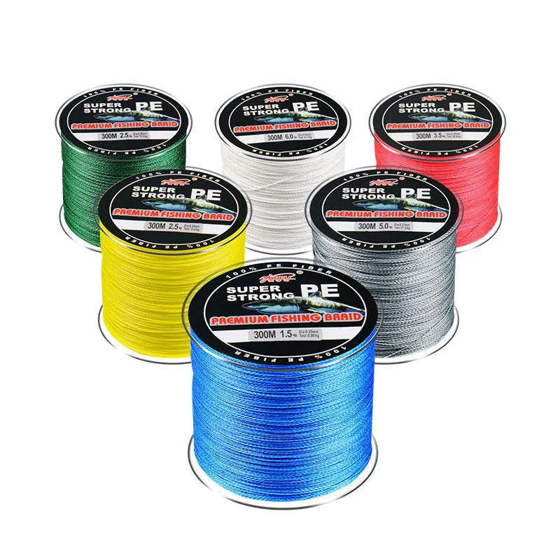 300 metre PE fishing line reel with 4-section design showing multiple colour options