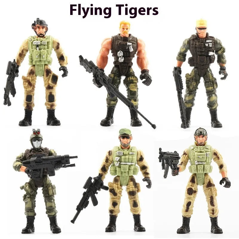 10cm plastic military soldier model with movable joints, shown in anti-terrorism special forces, Flying Tiger, zombie, and Employment Corps options.