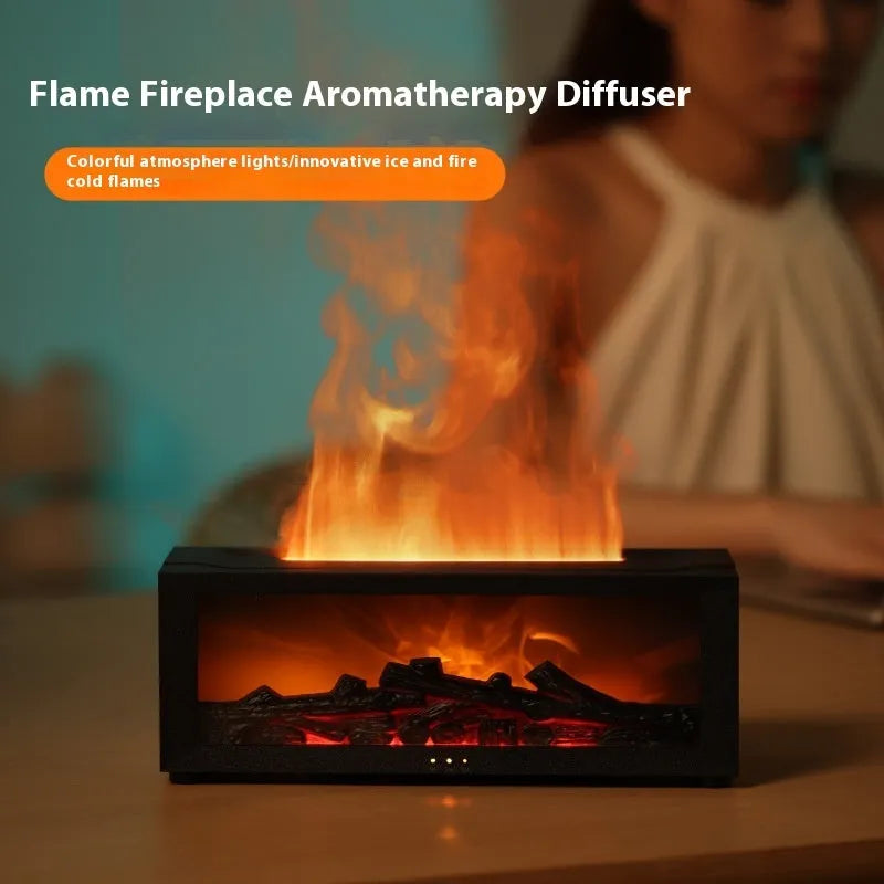 Square flame aromatherapy machine with LED lights creating 3D flame effect and essential oil diffusion
