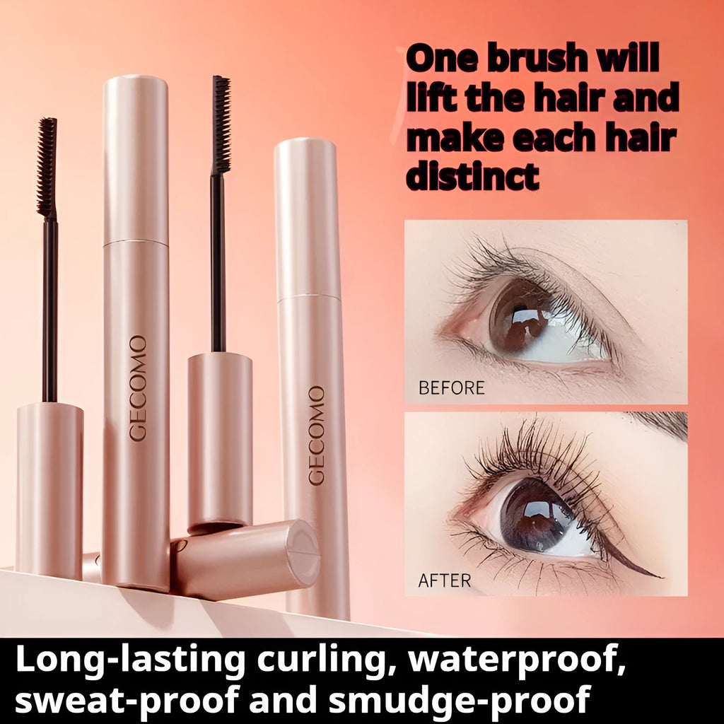 Black natural curly long mascara tube showing 14cm height with brush applicator