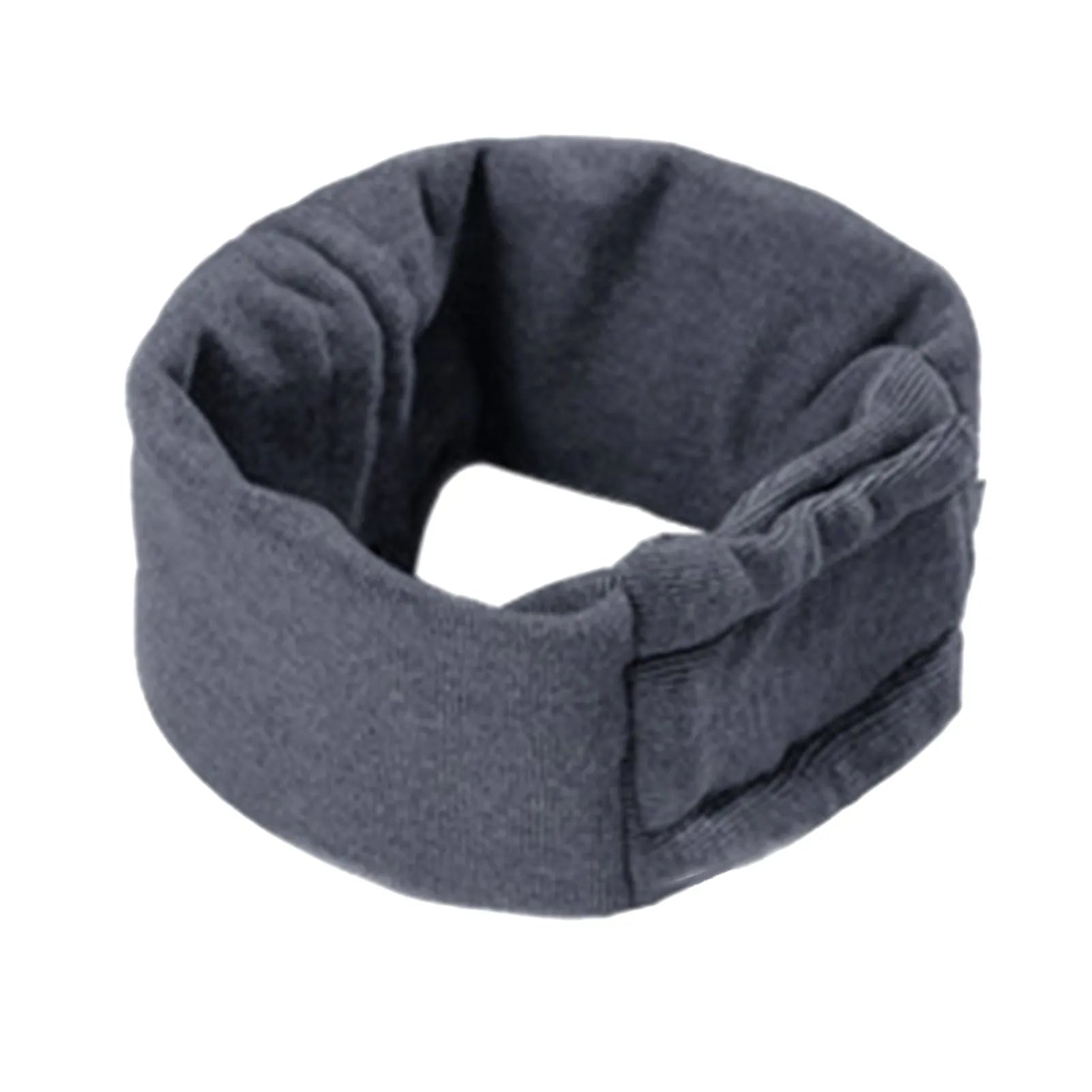 Dog wearing purple calming hoodie with ear muffs covering head and neck