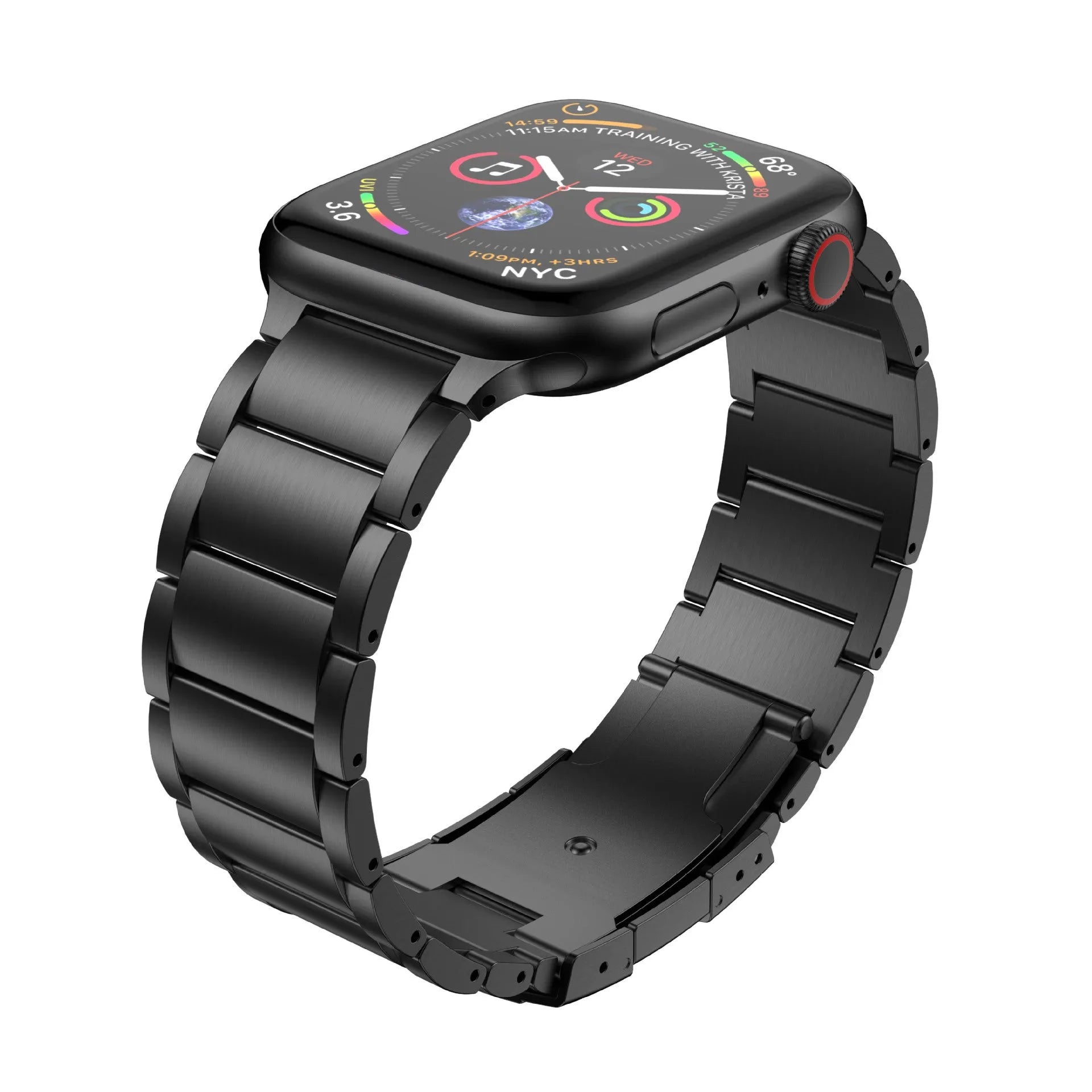 Black titanium alloy Apple Watch replacement strap with folding buckle on a wrist