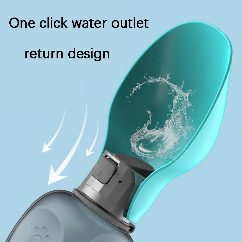 Blue grey portable dog water bottle with foldable drinking bowl extended, showing 800ml capacity.