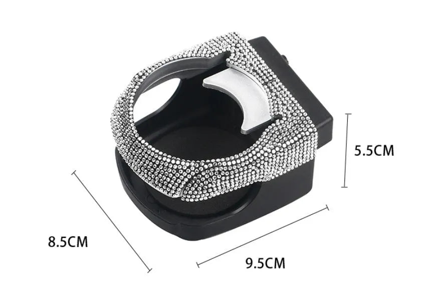 White diamond rhinestone car air vent cup bracket showing 8.5x9.5x5.5cm dimensions