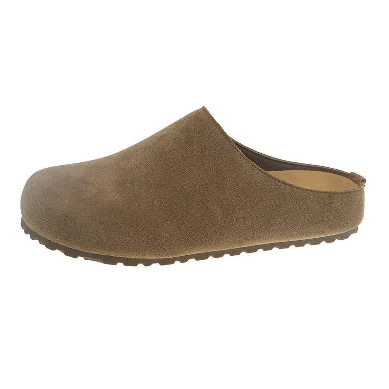 Korean style apricot coloured flat slippers with a square toe and slip-on design